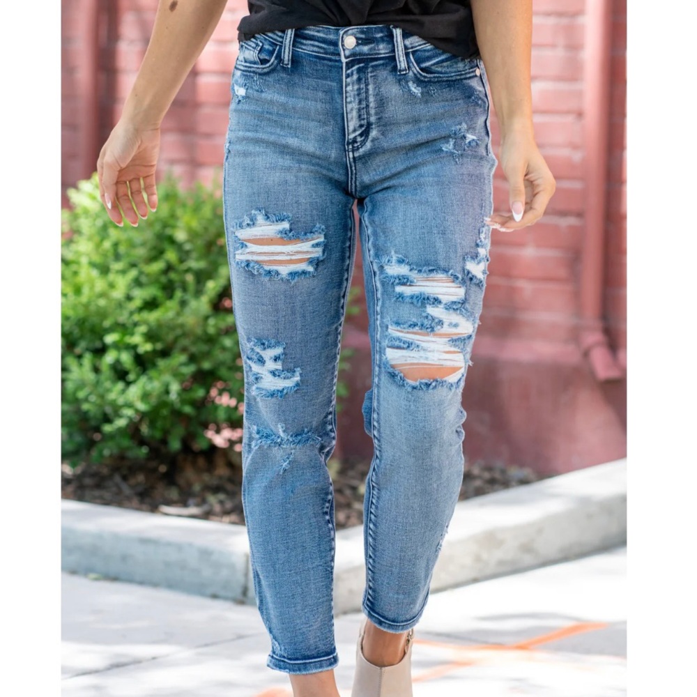 JUDY BLUE High Waist Distressed Boyfriend Fit Blue Stone Wash Jeans 1/25 NWT